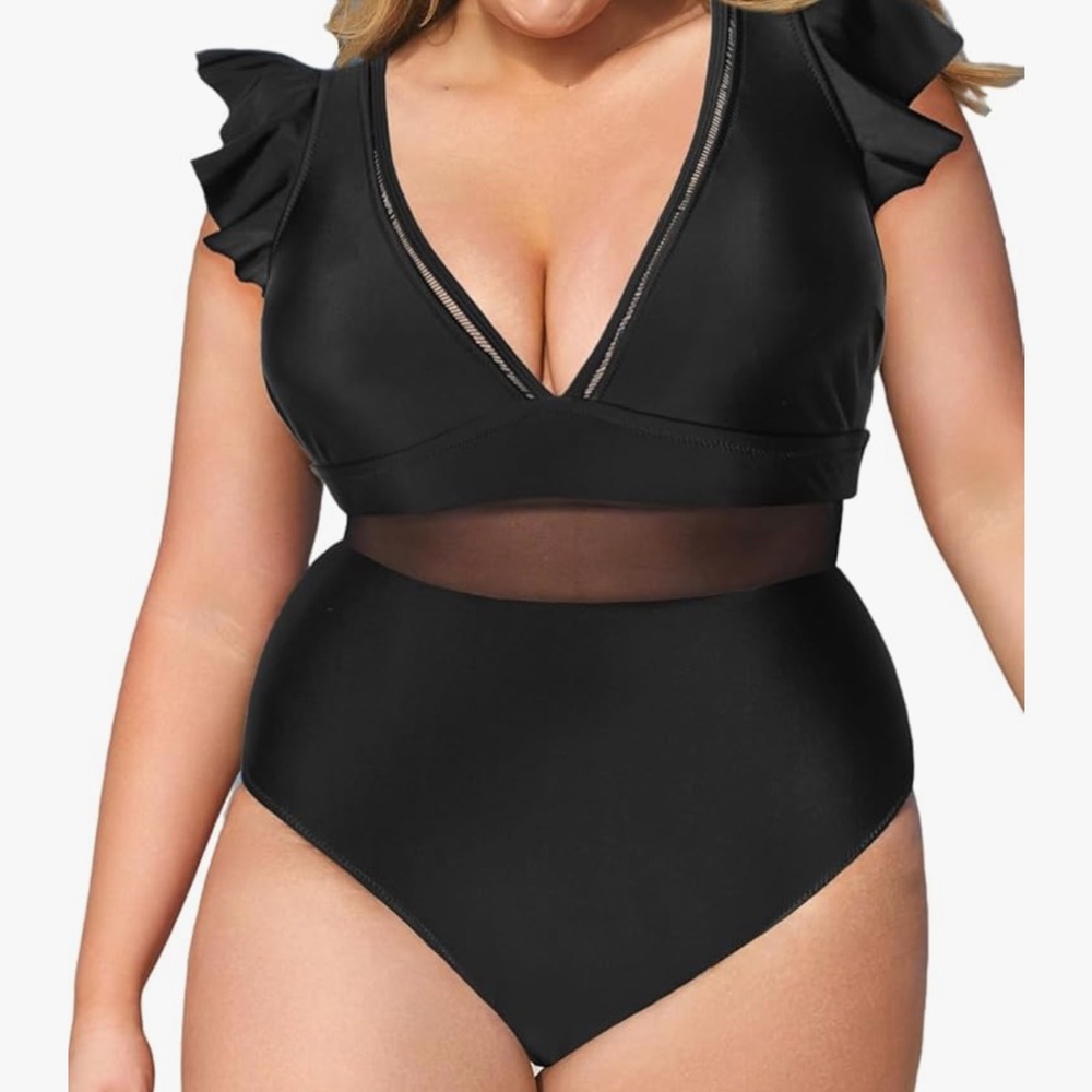 CUPSHE Black Ruffle Sleeve Plus Size Swimsuit